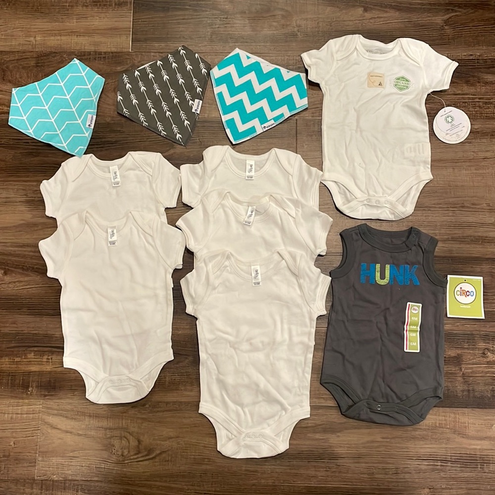 Baby boy onesies (7) & bandanna bib (3) bundle